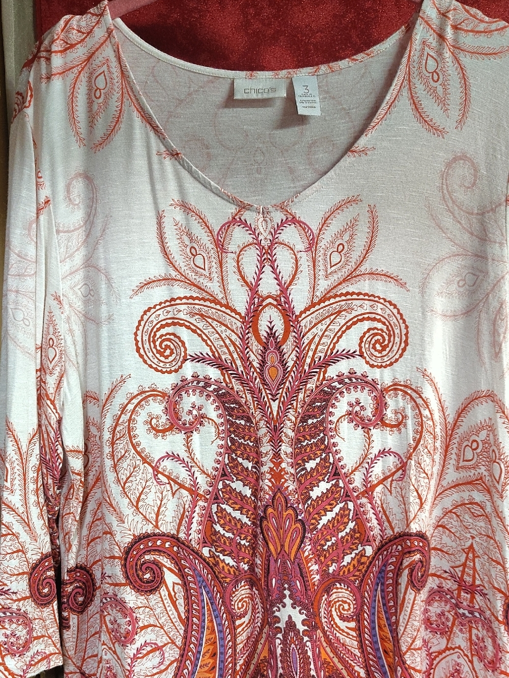 Chico's White Tunic with Coral & Orange Paisley Motif